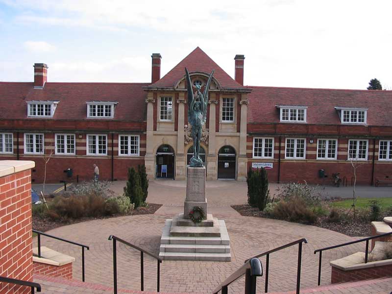 Great Malvern library and war memorial viewd from the steps at the new entrance