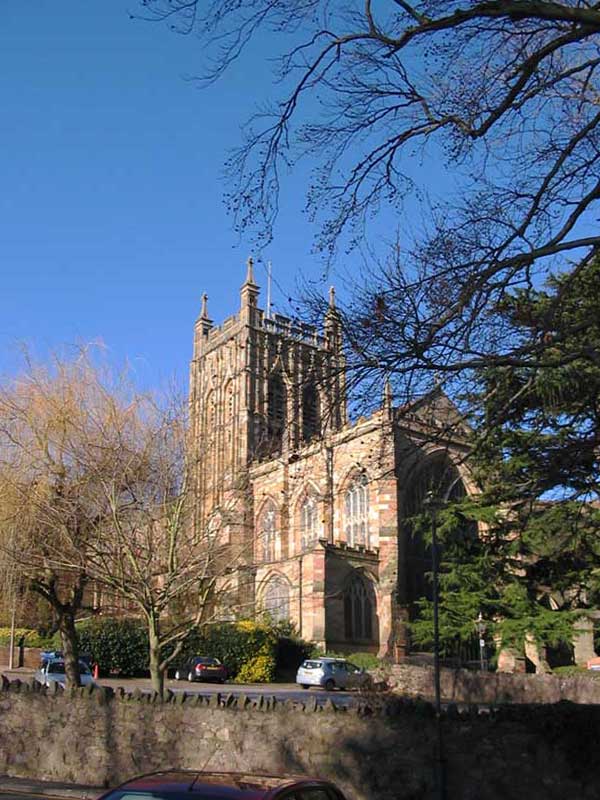 Malvern Priory seen from park gate